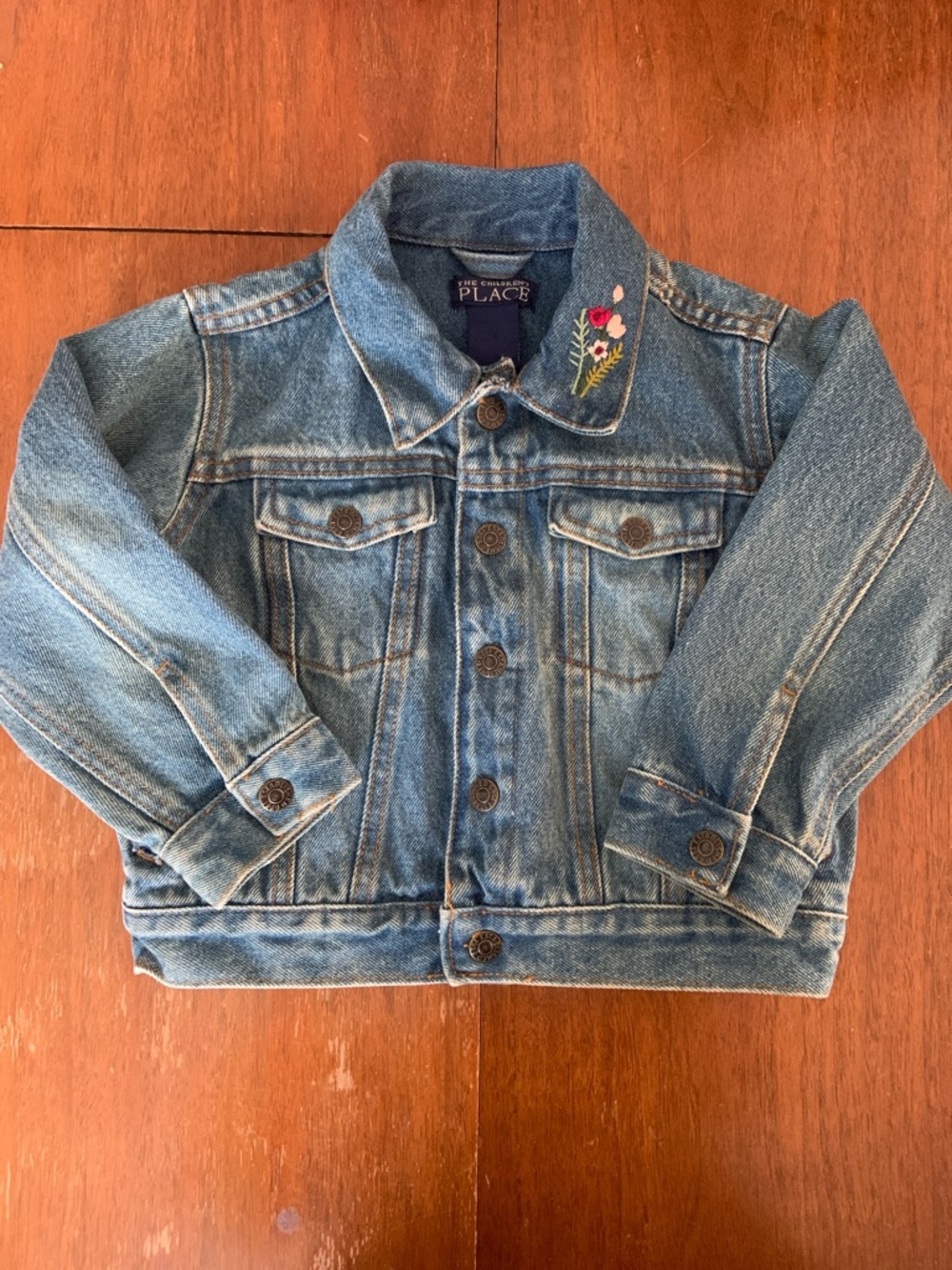 Vintage The Children's Place Blue Denim Jacket with Embroidered Collar Flowers